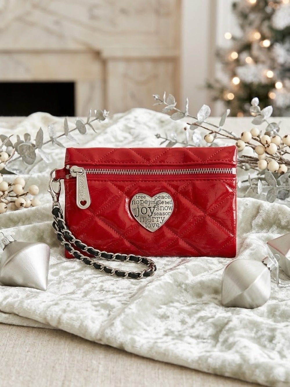 Brighton Red Quilted Wristlet Pouch with Heart Emblem